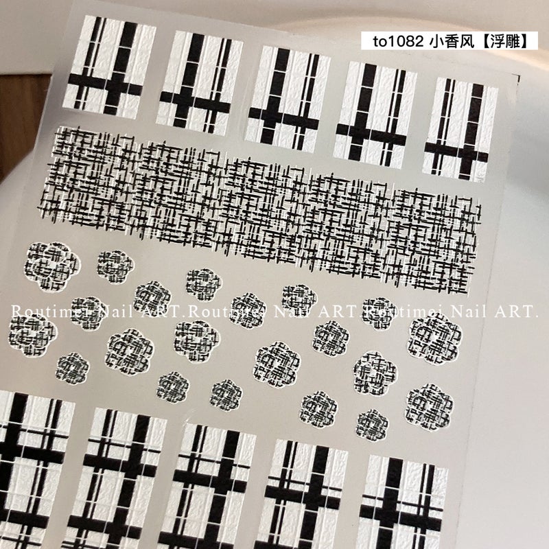Nail Art Stickers Small Fragrant Style Black And White Plaid Bow Relief Adhesive Nail Decorations Cute Dopamine Simple - Image 1